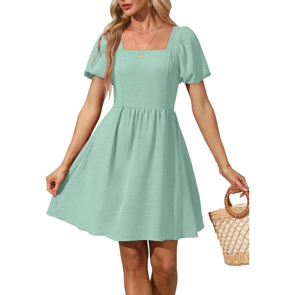 Ofeefan Women Sage Green Puff Sleeve Square Neck Tie in Back Dresses with Zipper